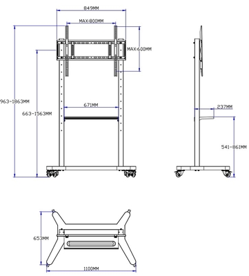55" - 86" Stand TV Seluler Disesuaikan Dengan Roda, Kompatibilitas Untuk 43" - 100" Flat / Curved Screen Sampai 220 Lbs Steel Frame, 5 Pilihan Tinggi, Rolling TV Cart