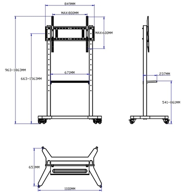 55" - 86" Stand TV Seluler Disesuaikan Dengan Roda, Kompatibilitas Untuk 43" - 100" Flat / Curved Screen Sampai 220 Lbs Steel Frame, 5 Pilihan Tinggi, Rolling TV Cart