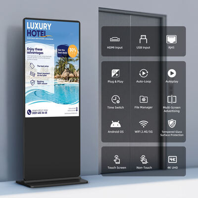 Lantai Stand Digital Advertising Monitor dengan 10 Capacitive Touch Points, Real-Time Monitoring, dan Web-Based Dashboard untuk Interactive Signage