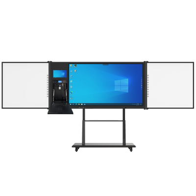 AIO 75 Inch Smart Touch Panel Android Win Sided Board Dengan Cam Mic Stand Mobile Untuk Meeting Universitas
