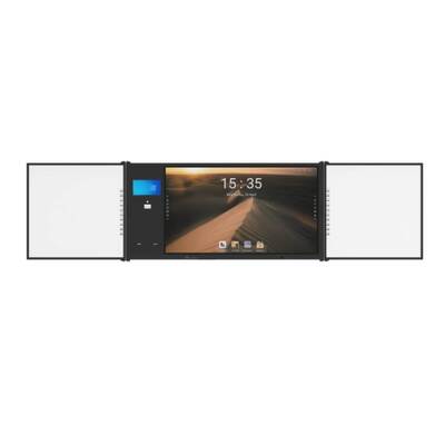 AIO 75 Inch Smart Touch Panel Android Win Sided Board Dengan Cam Mic Stand Mobile Untuk Meeting Universitas